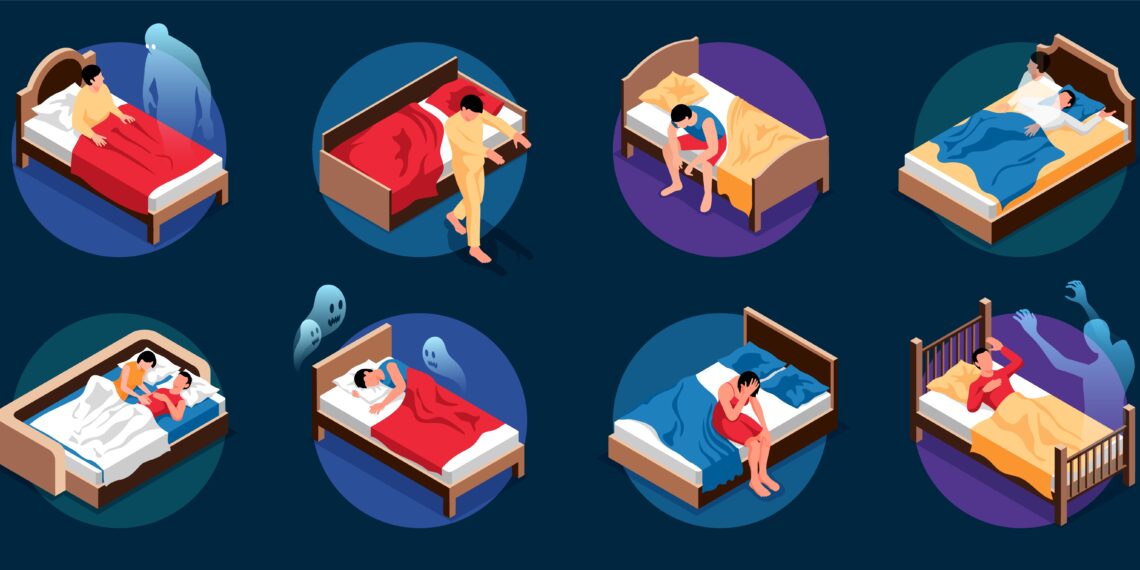 Isometric vector compositions depicting various scenarios of sleeplessness and the myth of how to cure insomnia in 12 minutes