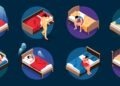 Isometric vector compositions depicting various scenarios of sleeplessness and the myth of how to cure insomnia in 12 minutes