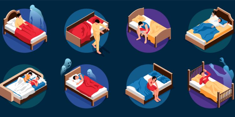 Isometric vector compositions depicting various scenarios of sleeplessness and the myth of how to cure insomnia in 12 minutes
