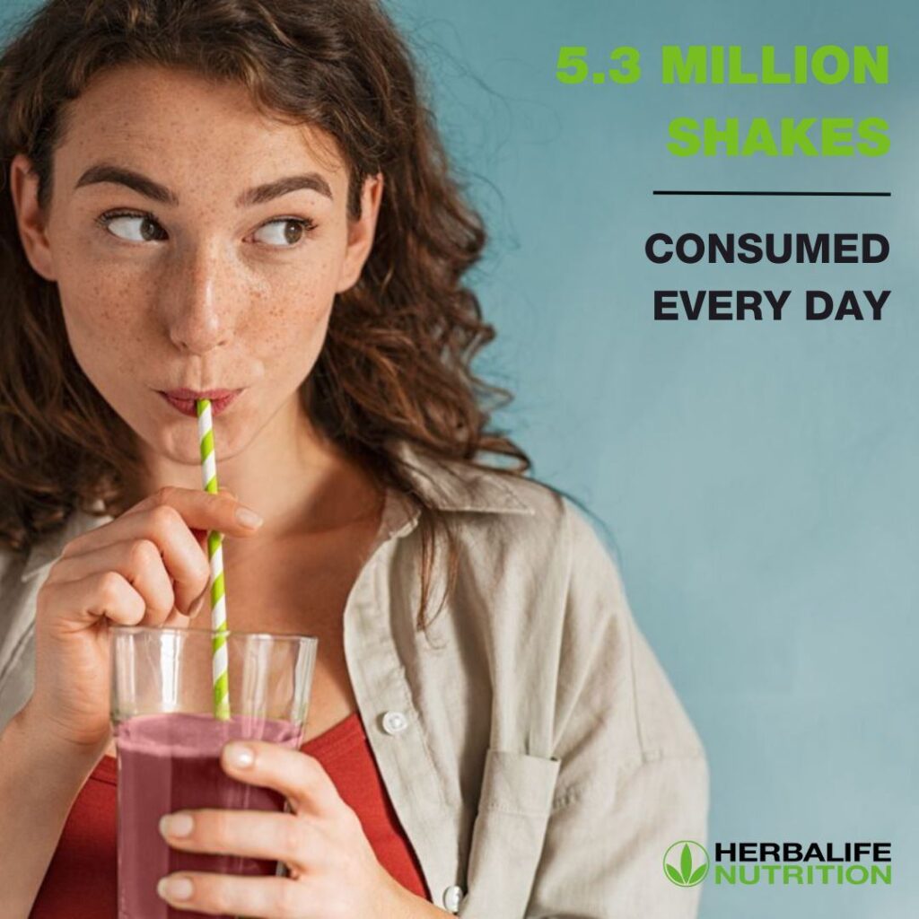 Herbalife Products Herbslife products. Lady enjoying a Herbalife shake, representing 5.3 million shakes consumed daily