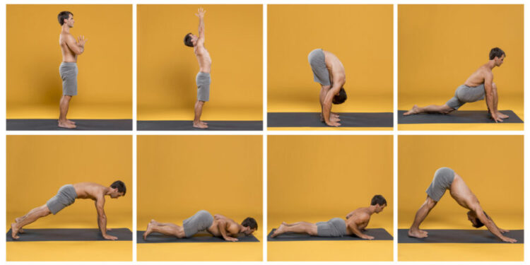 Man demonstrating various yoga poses in a collage, illustrating stretching techniques