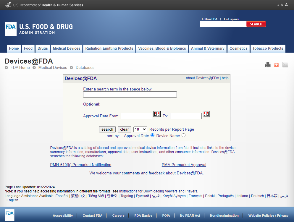 Search approved Red Therapy device on FDA website