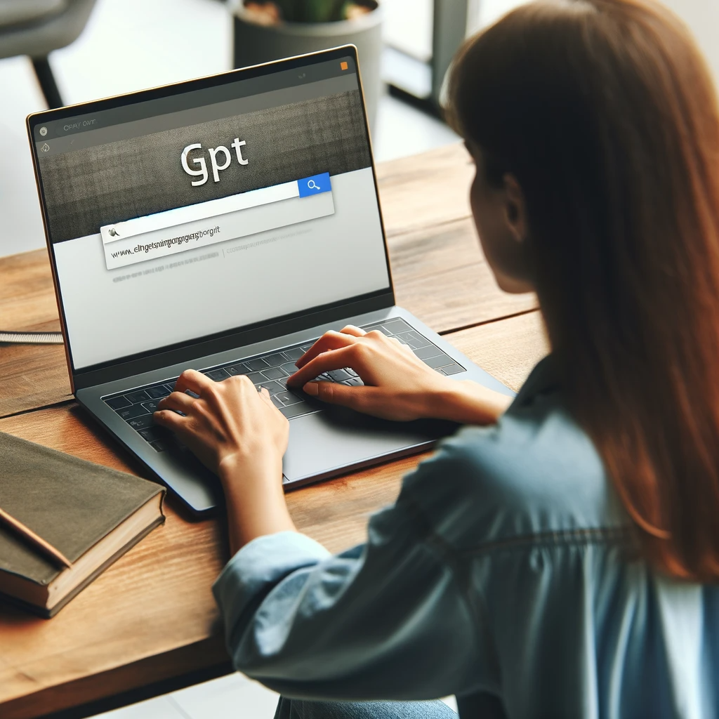 Chatgdp Young woman at a desk using a laptop to search for Chat Gdp, viewed from behind