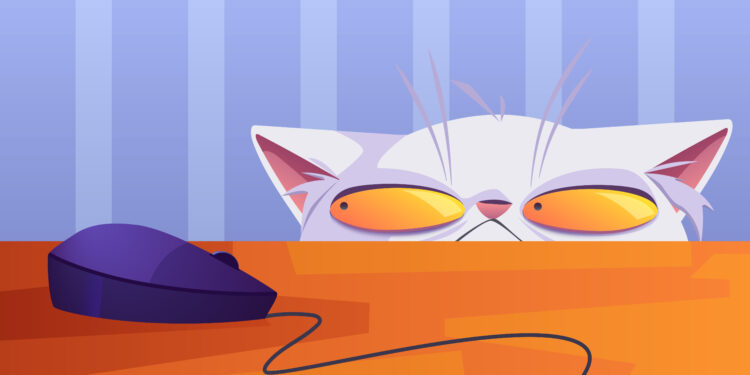 Cartoon cat with white fur and yellow eyes curiously hunting a computer mouse, reminiscent of a playful pet rejuvenated by red light therapy for cats