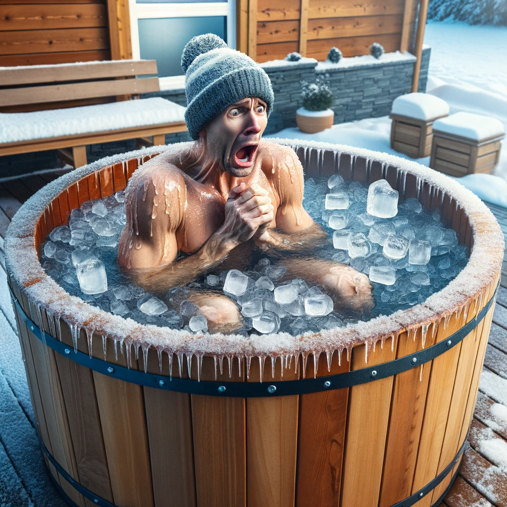 Cold Plunge Temperature Man reacting to cold plunge in an icy wooden tub during winter