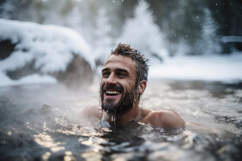 Joyful man submerged in a natural icy water setting, surrounded by snow