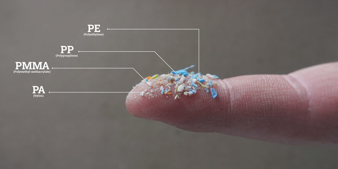 Celtic salt benefits highlighted against the backdrop of microplastics on a human finger, illustrating the contrast with water pollution.